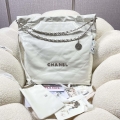 Chanel 22 Large Handbag Shiny Calfskin AS3262 White with Silver Logo