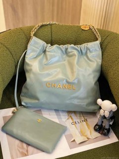 Chanel 22 AS3260 Small Handbag Shiny Calfskin Light Green Gold