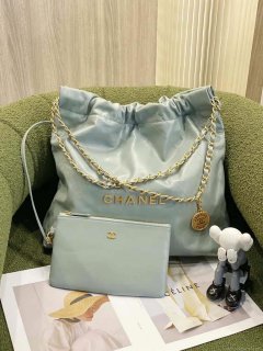 Chanel 22 Handbag Shiny Calfskin AS3261 Light Green Gold