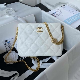 Chanel AS3830 Small Hobo Handbag White Calfskin Gold