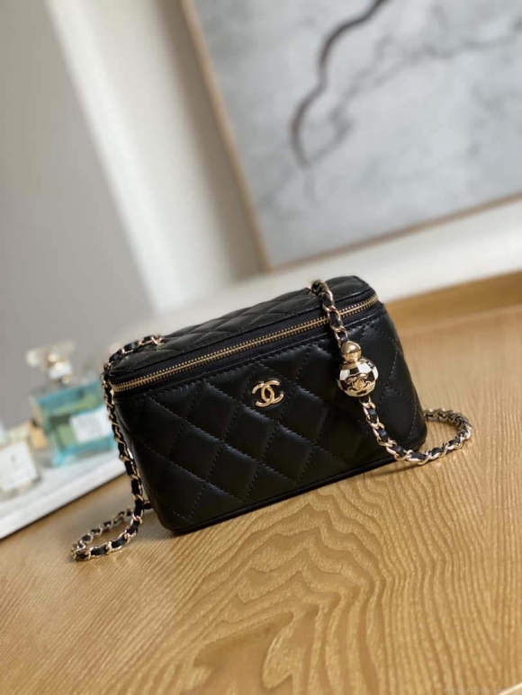 Chanel A81242 Vanity with chain Lambskin Gold football Black