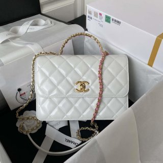 Chanel AS3908 CC Small Flap Bag With Top Handle Shiny Calfskin White Gold