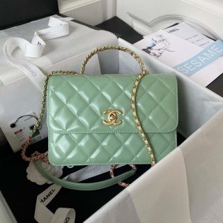 Chanel AS3908 CC Small Flap Bag With Top Handle Shiny Calfskin Green Gold