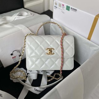 Chanel AS3886 Mini Flap Bag With Top Handle Shiny Calfskin White Gold