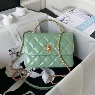 Chanel AS3886 Mini Flap Bag With Top Handle Shiny Calfskin Green Gold