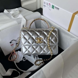 Chanel AS3886 Mini Flap Bag With Top Handle Shiny Silver Calfskin Gold