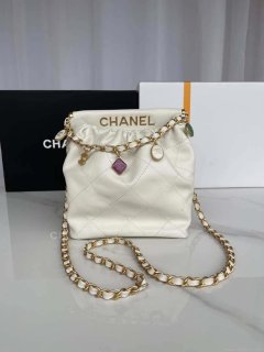 Chanel AS3793 Small Bucket Bag Lambskin Resin & Gold-Tone Metal White