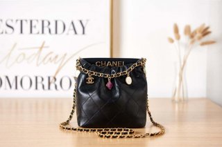 Chanel AS3793 Small Bucket Bag Lambskin Resin & Gold-Tone Metal Black