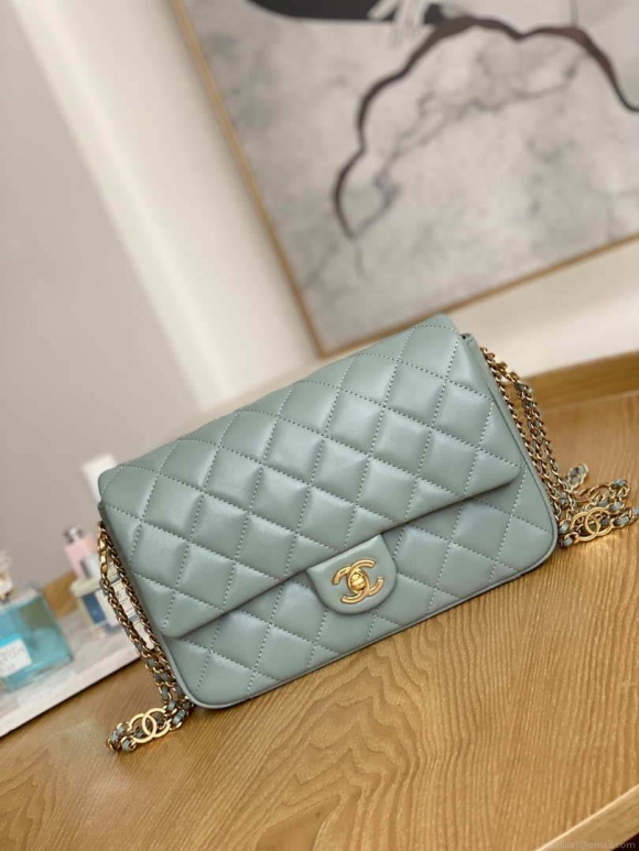 Chanel AS3777 Flap Bag Lambskin & Gold-Tone Metal Light Blue