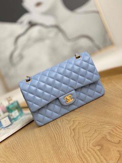 Chanel A01112 Flap Classic Bag Lambskin Light Blue Gold