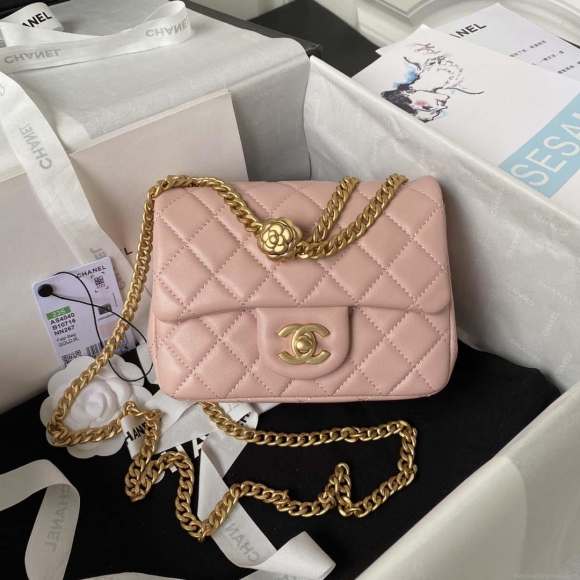 Chanel AS4040 Mini Flap Classic Bag 18 Woc Camellia Lambskin Pink