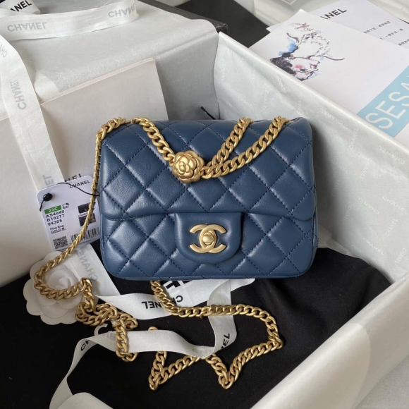 Chanel AS4040 Mini Flap Classic Bag 18 Woc Camellia Lambskin Dark Blue