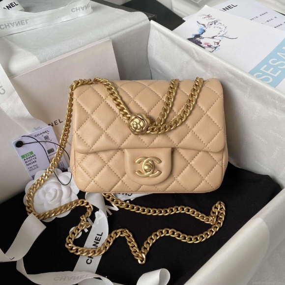 Chanel AS4040 Mini Flap Classic Bag 18 Woc Camellia Lambskin Apricot