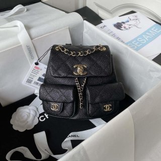 Chanel AS3787 Small Backpack Grained Shiny Calfskin & Gold-Tone Metal Black