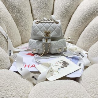 Chanel AS3787 Small Backpack Grained Shiny Calfskin & Gold-Tone Metal White