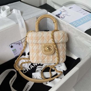 Chanel AS3973 Small Vanity Case Tweed Lambskin & Gold Metal Yellow & White