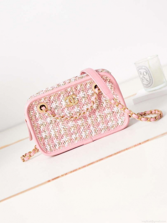 Chanel AS3768 Small Camera Case Lambskin Viscose Weaving Pink & White Gold