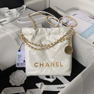 Chanel 22 Mini Handbag AS3980 Shiny Calfskin & Gold-Tone Metal White