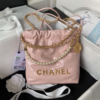 Chanel AS3980 22 Mini Handbag Shiny Calfskin & Gold-Tone Metal Pink