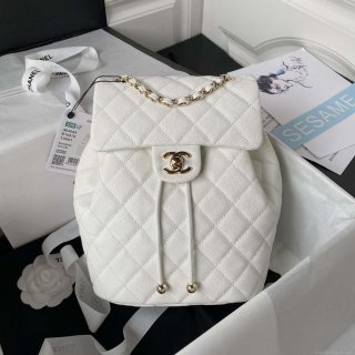 Chanel AS4059 Large Backpack Grained Shiny Calfskin & Gold-Tone Metal White