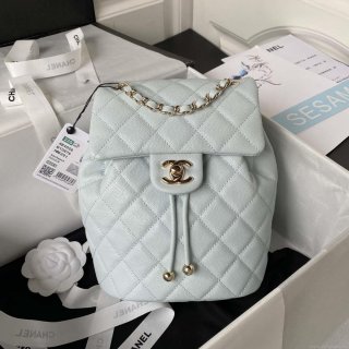 Chanel AS4058 Backpack Grained Shiny Calfskin & Gold-Tone Metal Light Blue