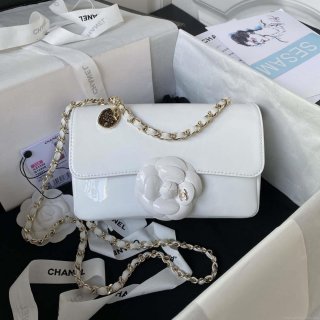 Chanel AS3356 Flap 23FW Patent leather Camellia White