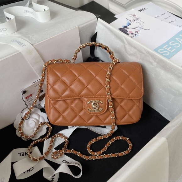 Chanel AS4140 Camellia Embossed With top Handle Bag Caramel