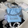 Chanel 22 AS3980 Mini Handbag Shiny Calfskin & Silver-Tone Metal Sky blue