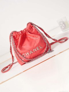 Chanel 22 AS3980 Mini Handbag Shiny Calfskin & Silver-Tone Metal Red