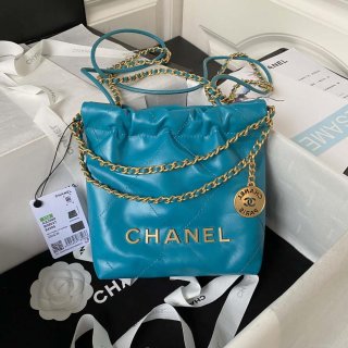 Chanel 22 Mini Handbag AS3980 Shiny Calfskin & Gold-Tone Metal Lake Blue