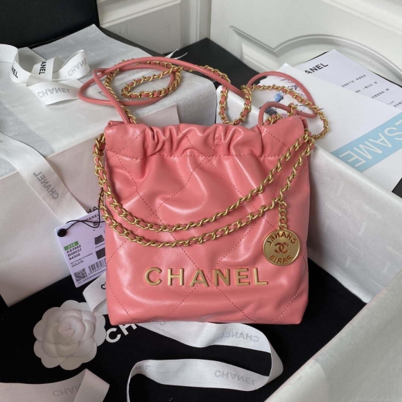 Chanel 22 Mini Handbag AS3980 Shiny Calfskin & Gold-Tone Metal Rose Pink