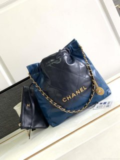 Chanel 22 Mini Handbag AS3980 Shiny Calfskin & Gold-Tone Metal Navy Blue