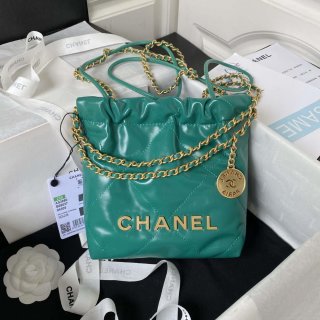 Chanel 22 Mini Handbag AS3980 Shiny Calfskin & Gold-Tone Metal Green