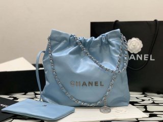 Chanel 22 AS3260 Small Handbag Shiny Calfskin Light Blue Silver