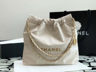 Chanel 22 AS3260 Small Handbag Shiny Calfskin Apricot