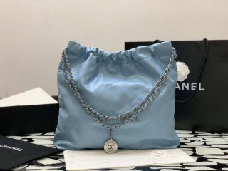 Chanel 22 Handbag Shiny Calfskin Gold AS3261 Light Blue Silver