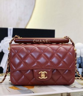 Chanel AS4151 Small Flap Bag With Top Handle Lambskin & Wenge Wood Wine Red