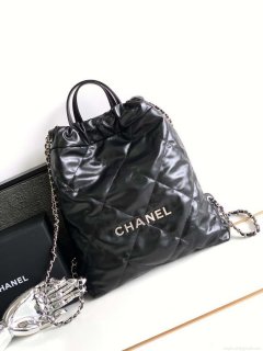 Chanel 22 Backpack AS3859 Shiny Black Calfskin With Sliver Logo