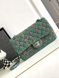 Chanel A01112 Flap Classic Handbag Tweed & Silver-Tone Metal Green