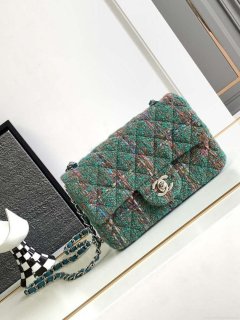 Chanel A1116 Mini Flap Classic Handbag Tweed & Silver-Tone Metal Green