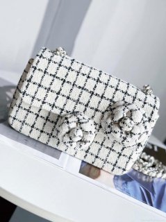 Chanel A1116 Mini Flap Classic Handbag Tweed & Silver-Tone Metal White