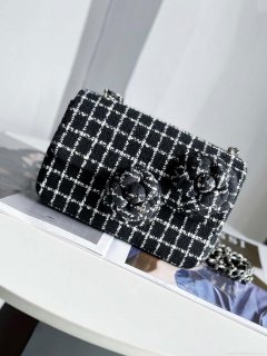 Chanel A1116 Mini Flap Classic Handbag Tweed & Silver-Tone Metal Black