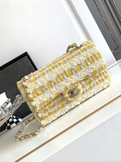 Chanel A01112 Flap Classic Handbag Tweed beads& Silver-Tone Metal Yellow