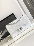 Chanel A01112 Flap Classic Handbag Tweed beads& Silver-Tone Metal White