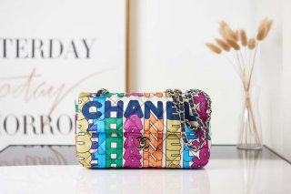 Chanel Flap Bag Printed Fabric Gold Tone Metal AS2897 Multicolor