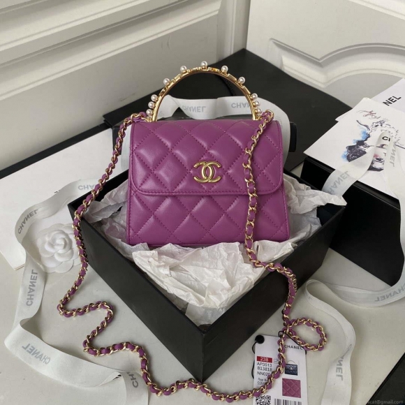 Chanel AP3513 Woc Clutch With Chain lambskin Imitation Pearls Enamel & Gold Purple