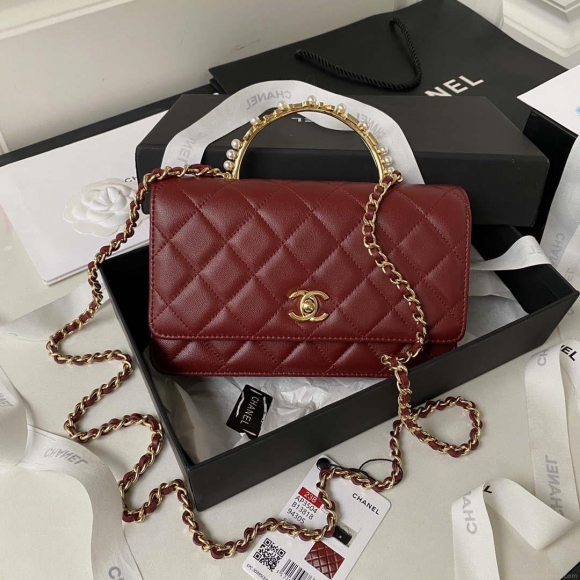 Chanel AP3504 Woc Wallet On Chain lambskin Imitation Pearls Strass & Gold Wine Red