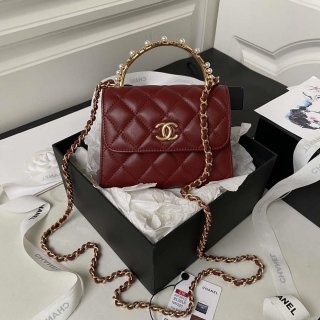 Chanel AP3513 Woc Clutch With Chain lambskin Imitation Pearls Enamel & Gold Wine Red