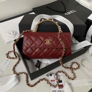 Chanel AP3512 Flap Phone Holder With Chain Lambskin Imitation Pearls Enamel & Gold Wine red