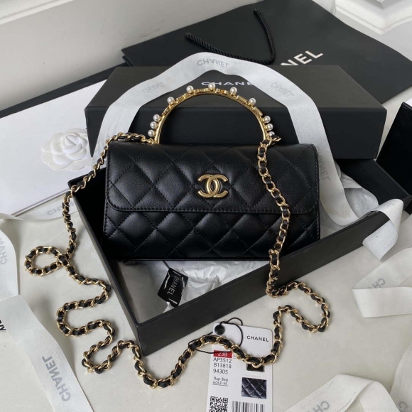 Chanel AP3512 Flap Phone Holder With Chain Lambskin Imitation Pearls Enamel & Gold Black